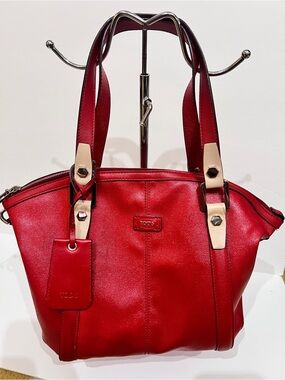 Tod's Red Leather Tote with Beige Strap Accents